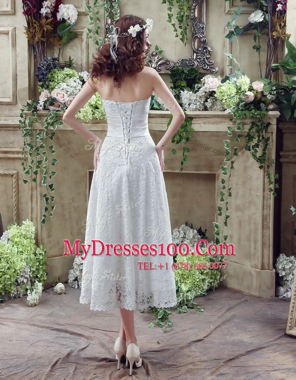 White Bridal Gown Wedding Party and For with Lace and Hand Made Flower Strapless Sleeveless Lace Up