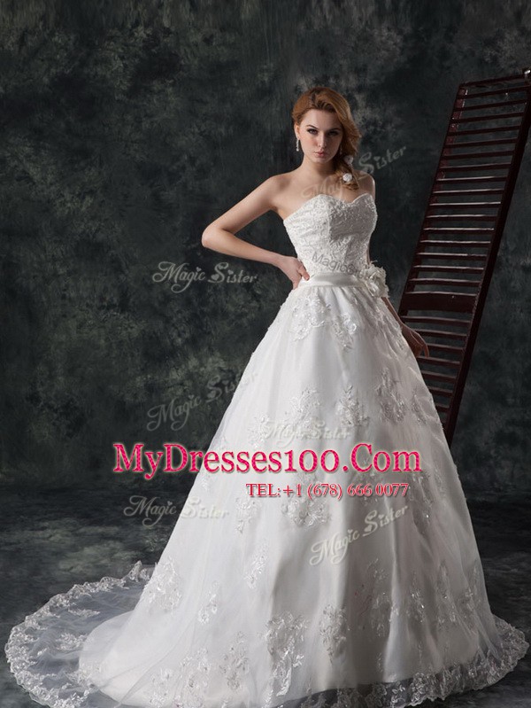 Sophisticated White A-line Lace Sweetheart Sleeveless Beading and Appliques and Hand Made Flower Lace Up Wedding Dress Court Train
