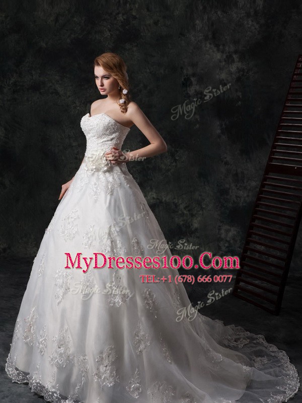 Sophisticated White A-line Lace Sweetheart Sleeveless Beading and Appliques and Hand Made Flower Lace Up Wedding Dress Court Train