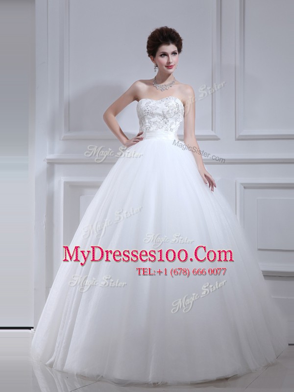 Trendy Beading and Appliques Wedding Dresses White Lace Up Sleeveless Floor Length