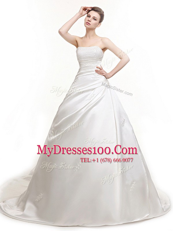 Glorious Satin Strapless Sleeveless Court Train Lace Up Ruching Wedding Gown in White
