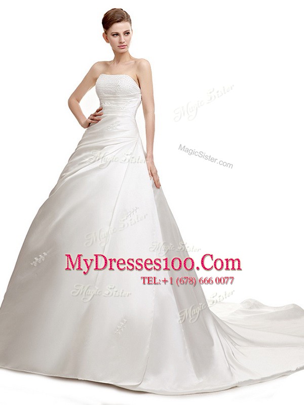 Glorious Satin Strapless Sleeveless Court Train Lace Up Ruching Wedding Gown in White