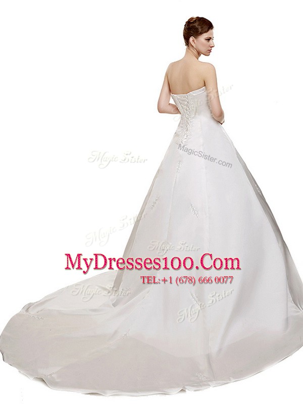 Glorious Satin Strapless Sleeveless Court Train Lace Up Ruching Wedding Gown in White