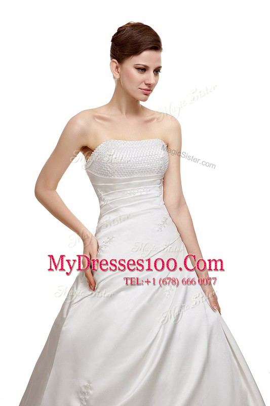 Glorious Satin Strapless Sleeveless Court Train Lace Up Ruching Wedding Gown in White
