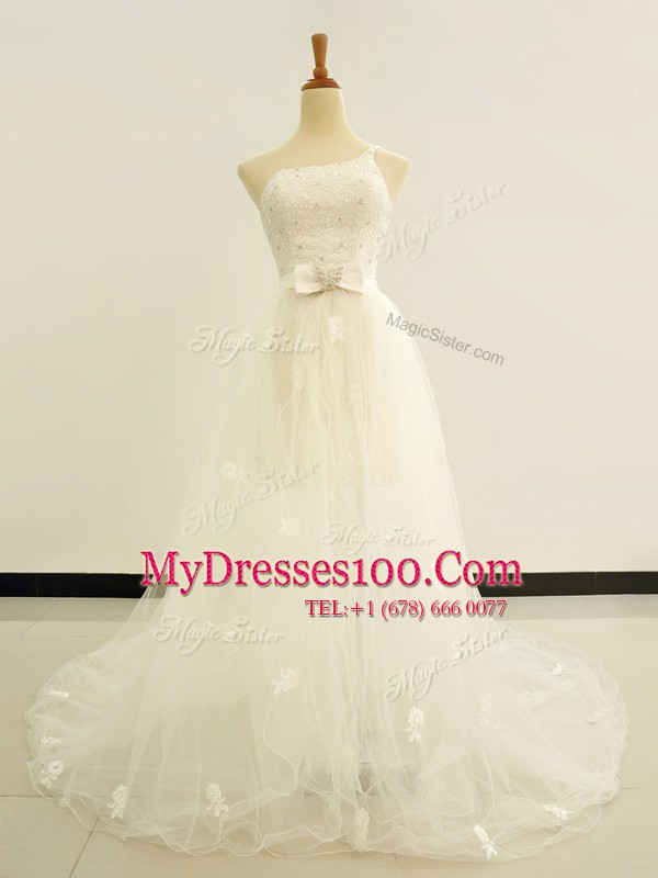 One Shoulder Tulle Sleeveless Wedding Gown Brush Train and Beading and Lace and Hand Made Flower