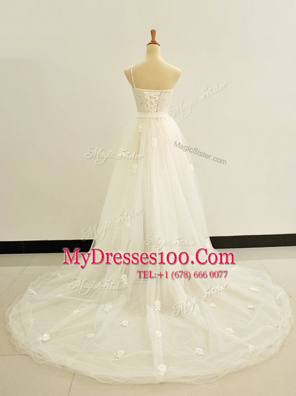 One Shoulder Tulle Sleeveless Wedding Gown Brush Train and Beading and Lace and Hand Made Flower