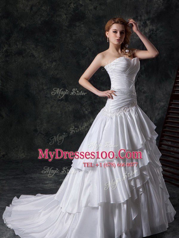 White A-line Taffeta Sweetheart Sleeveless Ruffled Layers and Ruching Lace Up Wedding Gown Brush Train