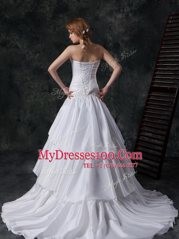 White A-line Taffeta Sweetheart Sleeveless Ruffled Layers and Ruching Lace Up Wedding Gown Brush Train