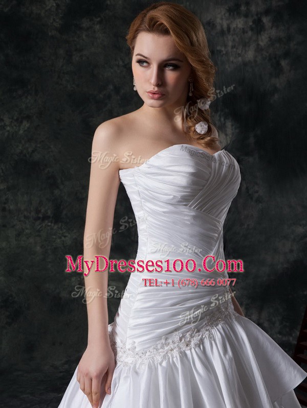 White A-line Taffeta Sweetheart Sleeveless Ruffled Layers and Ruching Lace Up Wedding Gown Brush Train
