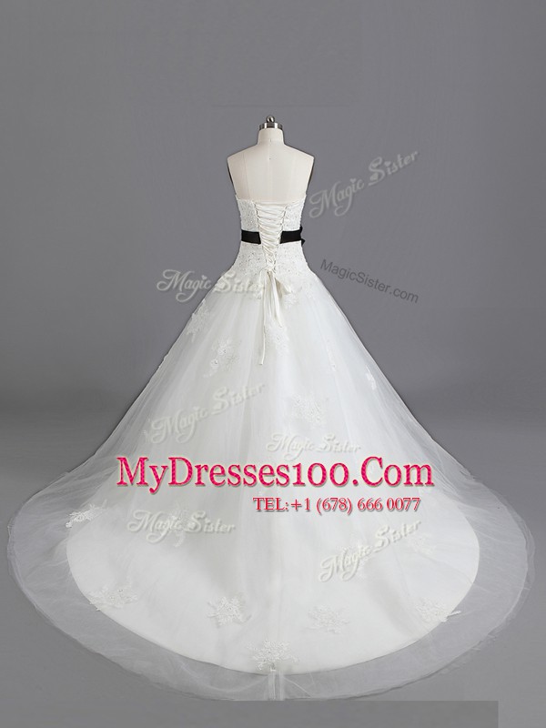 Artistic With Train A-line Sleeveless White Wedding Gowns Court Train Lace Up