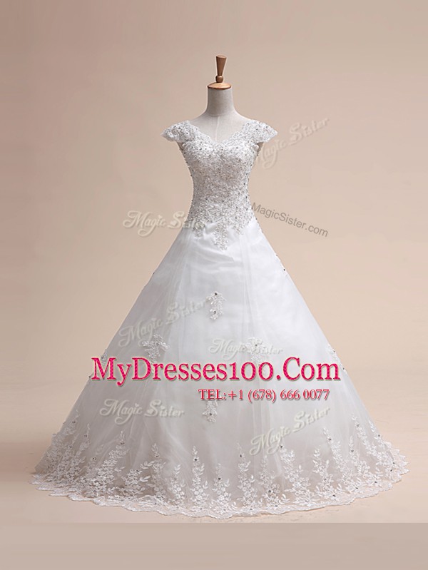 Exquisite Sleeveless Tulle With Train Court Train Lace Up Bridal Gown in White with Beading and Appliques and Bowknot