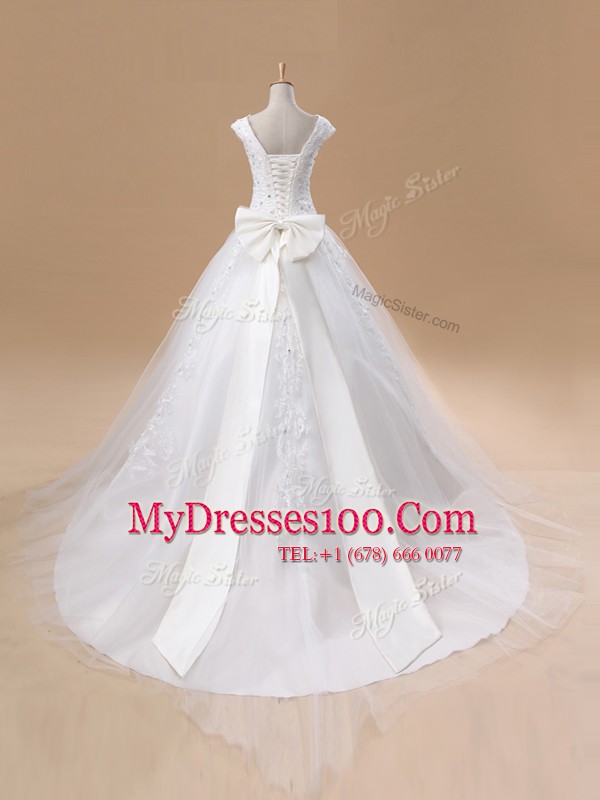 Exquisite Sleeveless Tulle With Train Court Train Lace Up Bridal Gown in White with Beading and Appliques and Bowknot