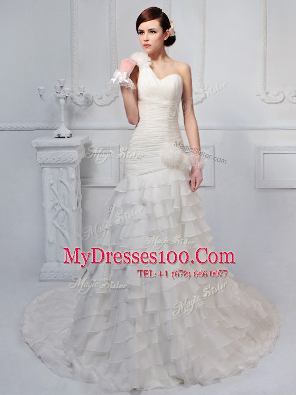 Best Selling One Shoulder White Organza Lace Up Wedding Gowns Sleeveless Brush Train Ruffled Layers and Ruching and Hand Made Flower