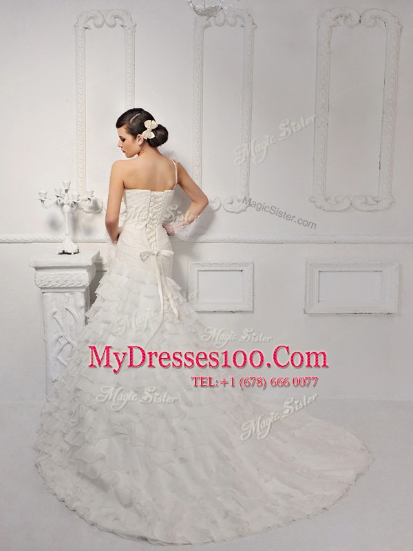Best Selling One Shoulder White Organza Lace Up Wedding Gowns Sleeveless Brush Train Ruffled Layers and Ruching and Hand Made Flower