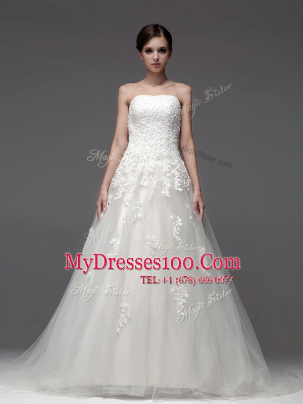 Deluxe White Lace Up Strapless Appliques Bridal Gown Tulle Sleeveless Brush Train