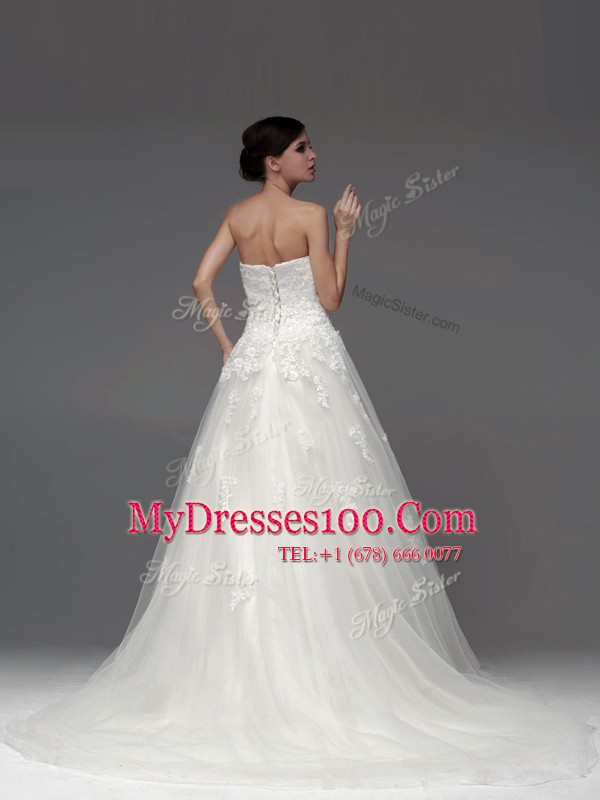 Deluxe White Lace Up Strapless Appliques Bridal Gown Tulle Sleeveless Brush Train