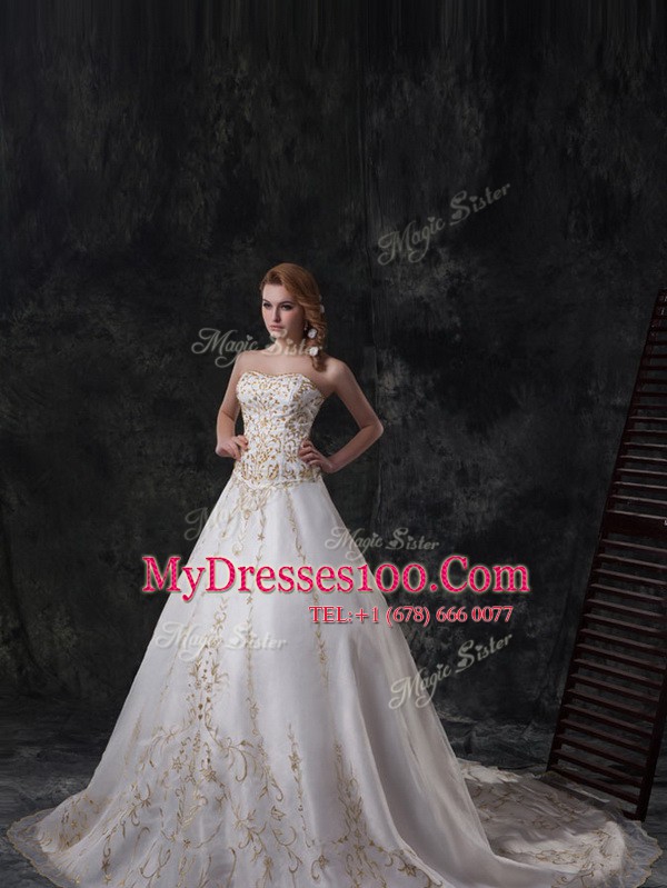 Organza Sleeveless With Train Wedding Dress and Beading and Embroidery