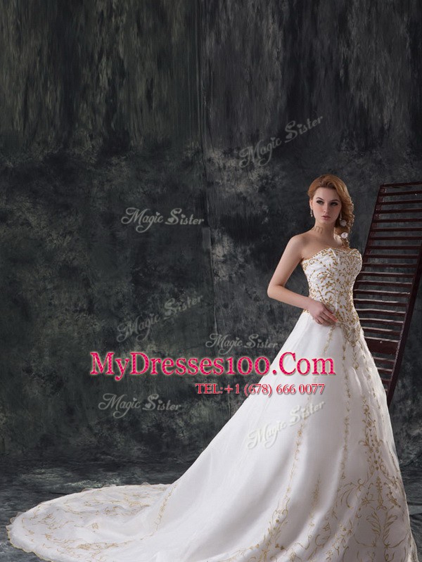 Organza Sleeveless With Train Wedding Dress and Beading and Embroidery