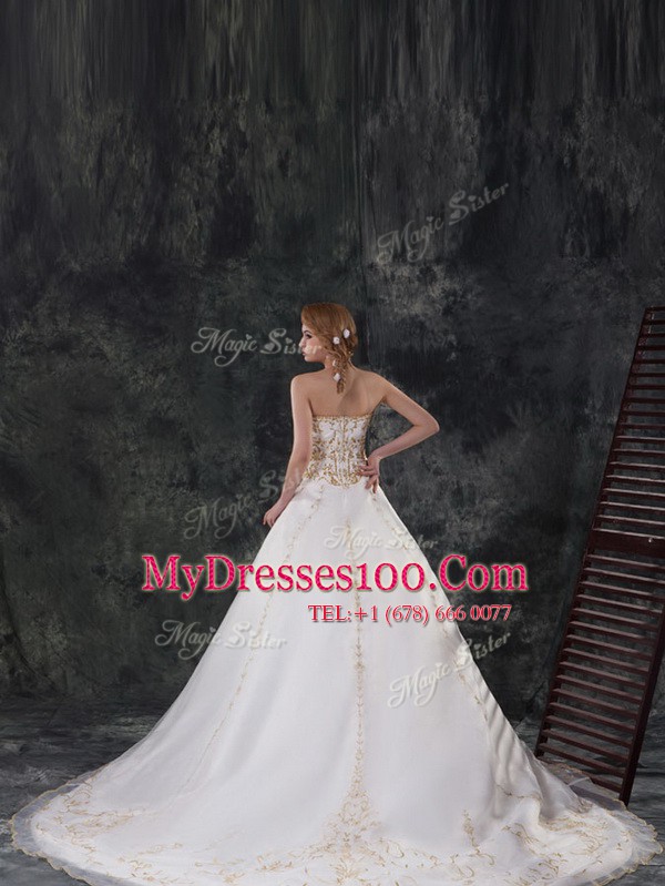 Organza Sleeveless With Train Wedding Dress and Beading and Embroidery