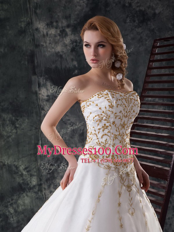 Organza Sleeveless With Train Wedding Dress and Beading and Embroidery