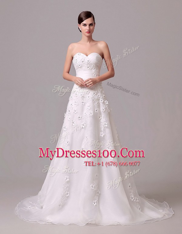 Elegant White Empire Chiffon Sweetheart Sleeveless Appliques and Hand Made Flower With Train Lace Up Wedding Dress Brush Train