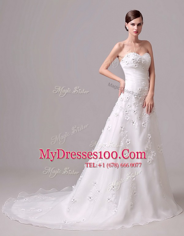 Elegant White Empire Chiffon Sweetheart Sleeveless Appliques and Hand Made Flower With Train Lace Up Wedding Dress Brush Train