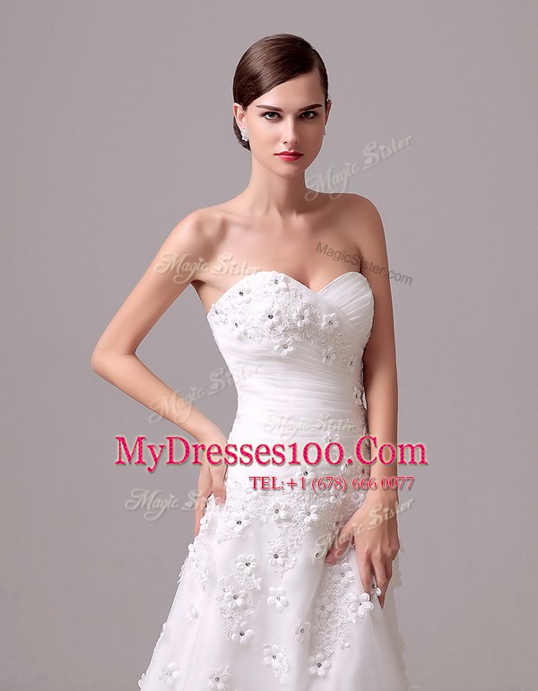 Elegant White Empire Chiffon Sweetheart Sleeveless Appliques and Hand Made Flower With Train Lace Up Wedding Dress Brush Train