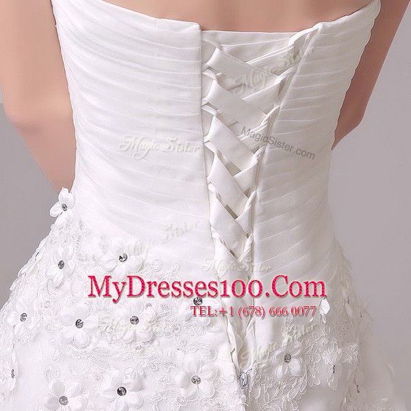 Elegant White Empire Chiffon Sweetheart Sleeveless Appliques and Hand Made Flower With Train Lace Up Wedding Dress Brush Train