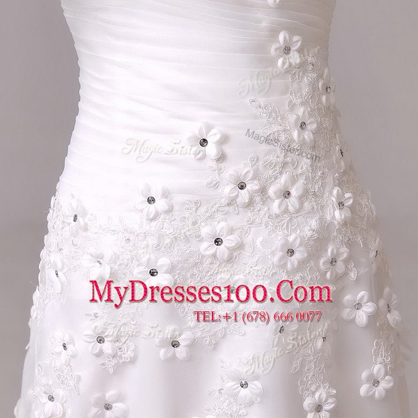 Elegant White Empire Chiffon Sweetheart Sleeveless Appliques and Hand Made Flower With Train Lace Up Wedding Dress Brush Train