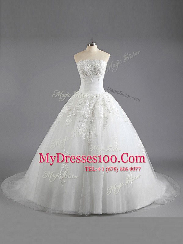 White Tulle Lace Up Wedding Dress Sleeveless With Train Court Train Beading and Appliques