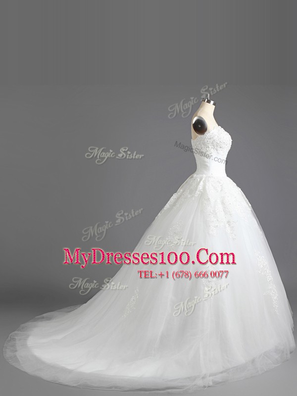 White Tulle Lace Up Wedding Dress Sleeveless With Train Court Train Beading and Appliques