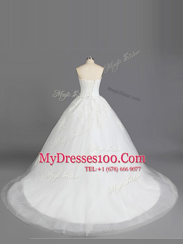White Tulle Lace Up Wedding Dress Sleeveless With Train Court Train Beading and Appliques