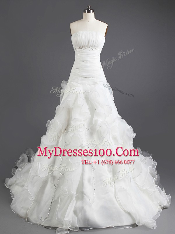 Fitting Strapless Sleeveless Court Train Lace Up Wedding Gowns White Organza
