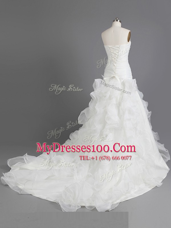Fitting Strapless Sleeveless Court Train Lace Up Wedding Gowns White Organza