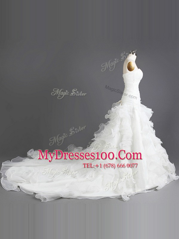 Fitting Strapless Sleeveless Court Train Lace Up Wedding Gowns White Organza