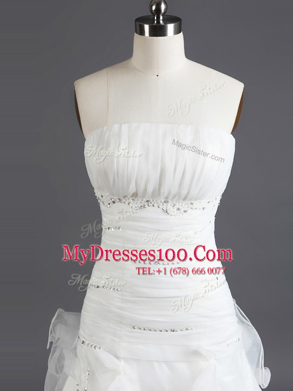 Fitting Strapless Sleeveless Court Train Lace Up Wedding Gowns White Organza