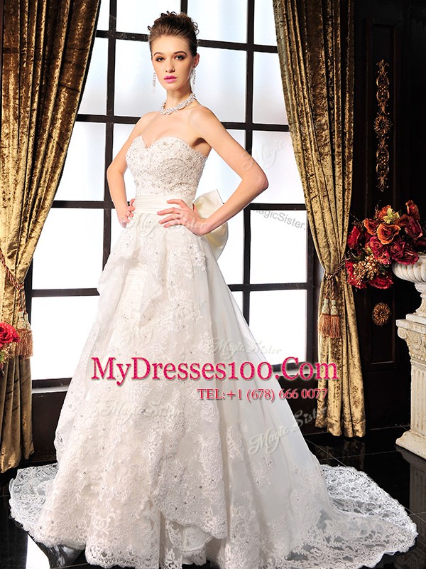 Simple Beading and Lace and Bowknot Wedding Gown White Lace Up Sleeveless Brush Train