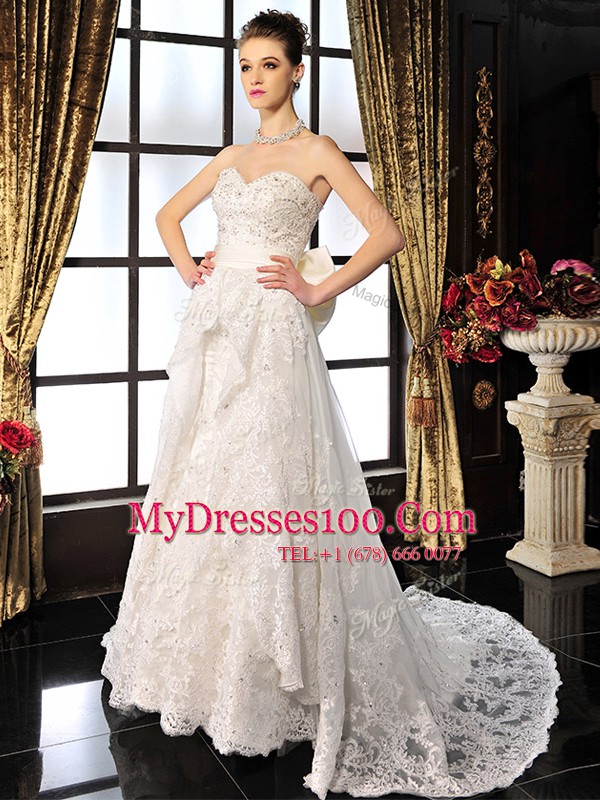 Simple Beading and Lace and Bowknot Wedding Gown White Lace Up Sleeveless Brush Train