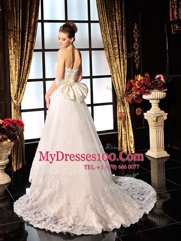 Simple Beading and Lace and Bowknot Wedding Gown White Lace Up Sleeveless Brush Train