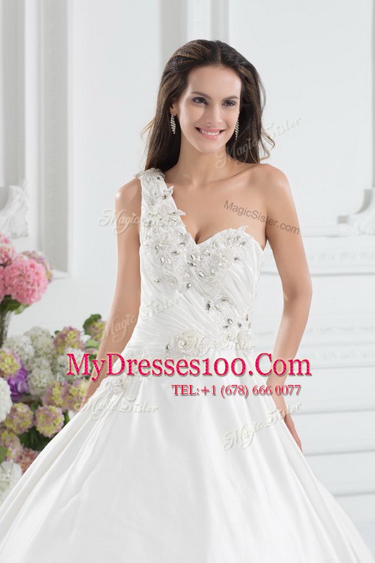 Vintage One Shoulder With Train A-line Sleeveless White Wedding Dress Brush Train Lace Up