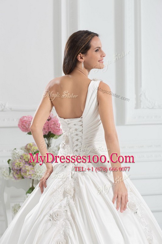 Vintage One Shoulder With Train A-line Sleeveless White Wedding Dress Brush Train Lace Up