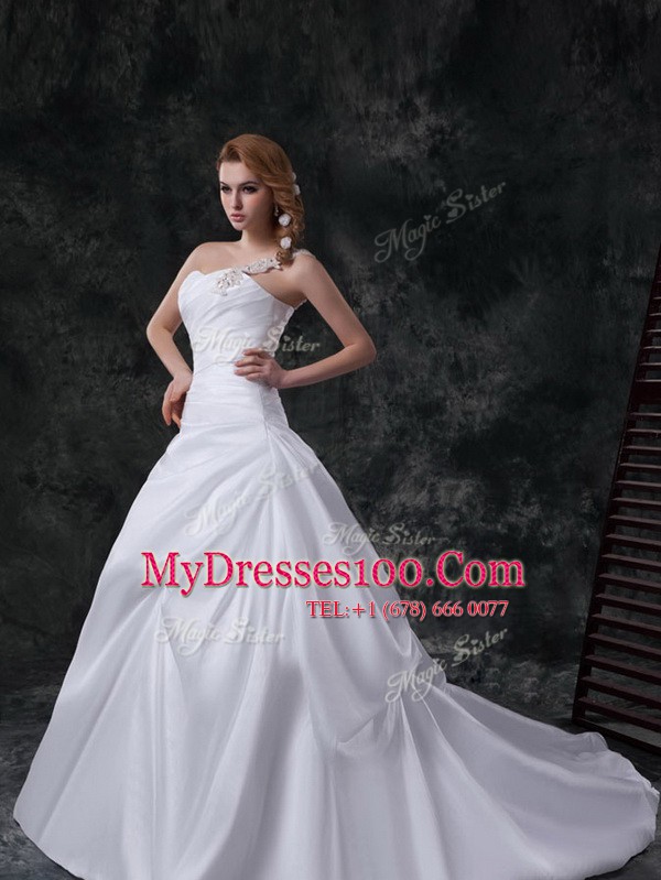 Dynamic White One Shoulder Neckline Beading and Pick Ups Wedding Gown Sleeveless Lace Up