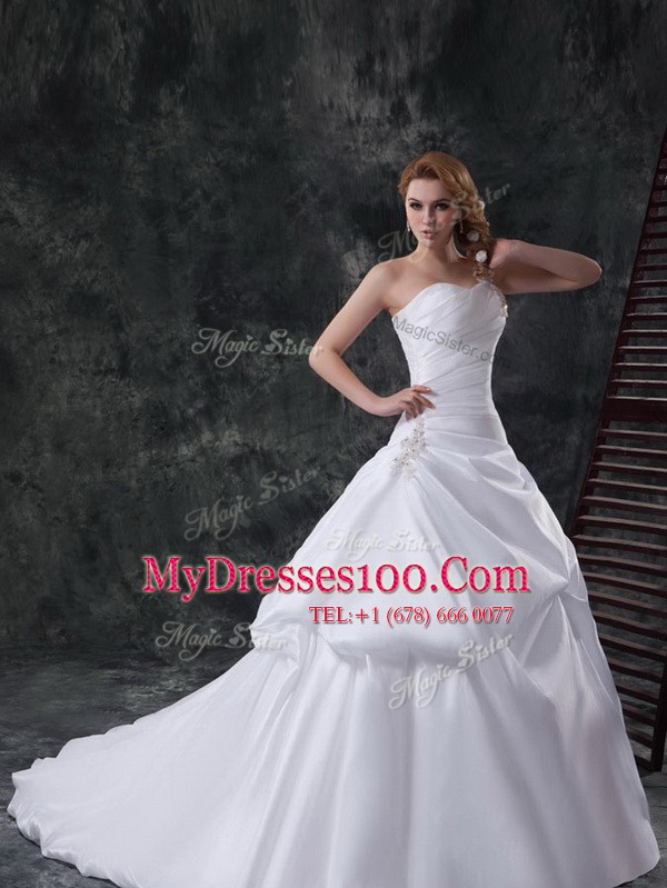 Dynamic White One Shoulder Neckline Beading and Pick Ups Wedding Gown Sleeveless Lace Up