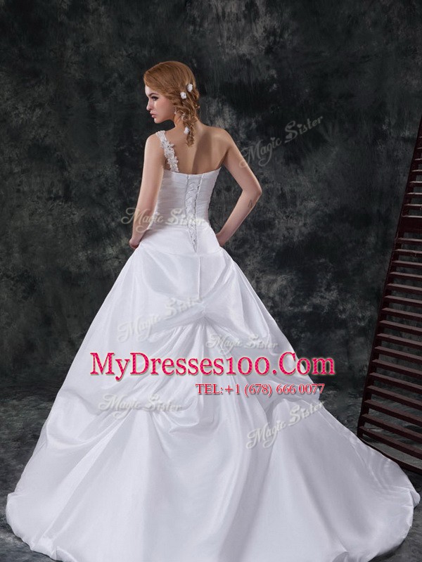 Dynamic White One Shoulder Neckline Beading and Pick Ups Wedding Gown Sleeveless Lace Up