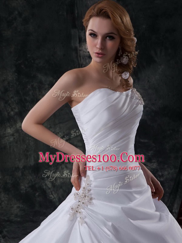 Dynamic White One Shoulder Neckline Beading and Pick Ups Wedding Gown Sleeveless Lace Up