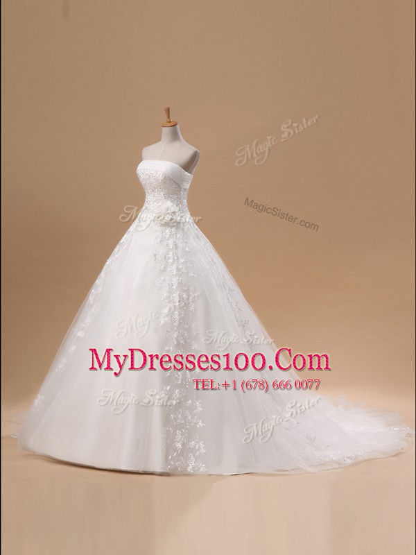White Wedding Dresses Wedding Party and For with Lace and Appliques and Hand Made Flower Strapless Sleeveless Court Train Lace Up