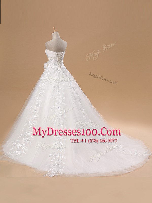 White Wedding Dresses Wedding Party and For with Lace and Appliques and Hand Made Flower Strapless Sleeveless Court Train Lace Up