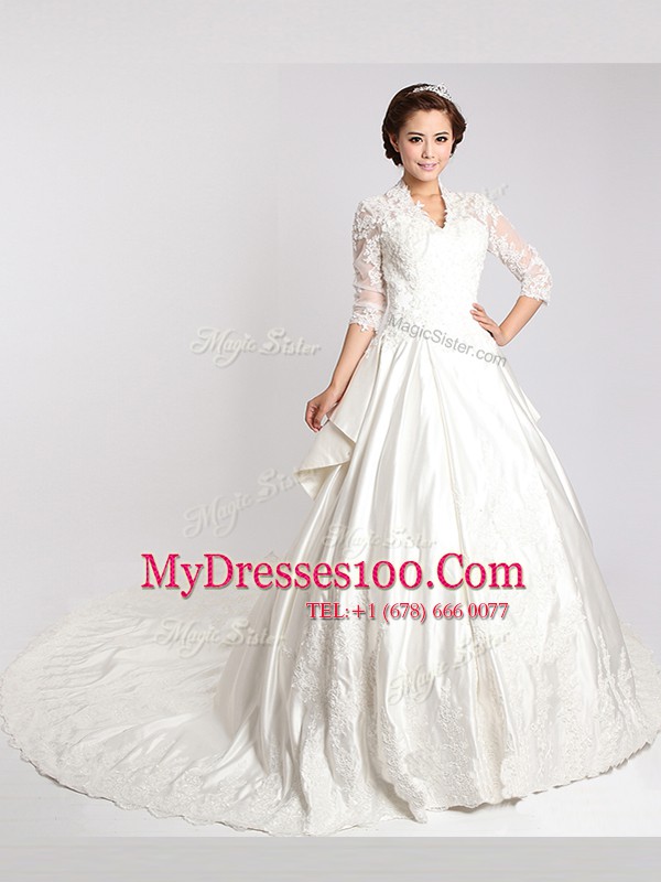 Wonderful Chiffon 3 4 Length Sleeve With Train Wedding Gown Cathedral Train and Lace