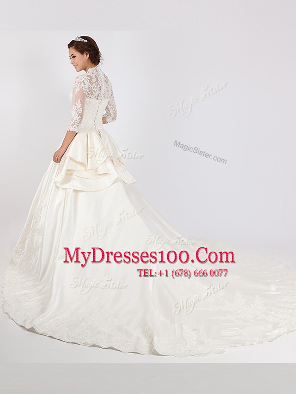 Wonderful Chiffon 3 4 Length Sleeve With Train Wedding Gown Cathedral Train and Lace