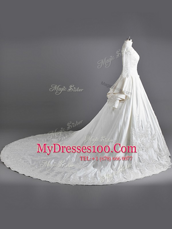 Wonderful Chiffon 3 4 Length Sleeve With Train Wedding Gown Cathedral Train and Lace